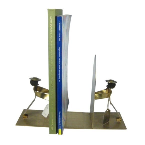 Vintage Brass Bookends Figures Holding Up Books Made Israel Lifeline for Old - Picture 1 of 16